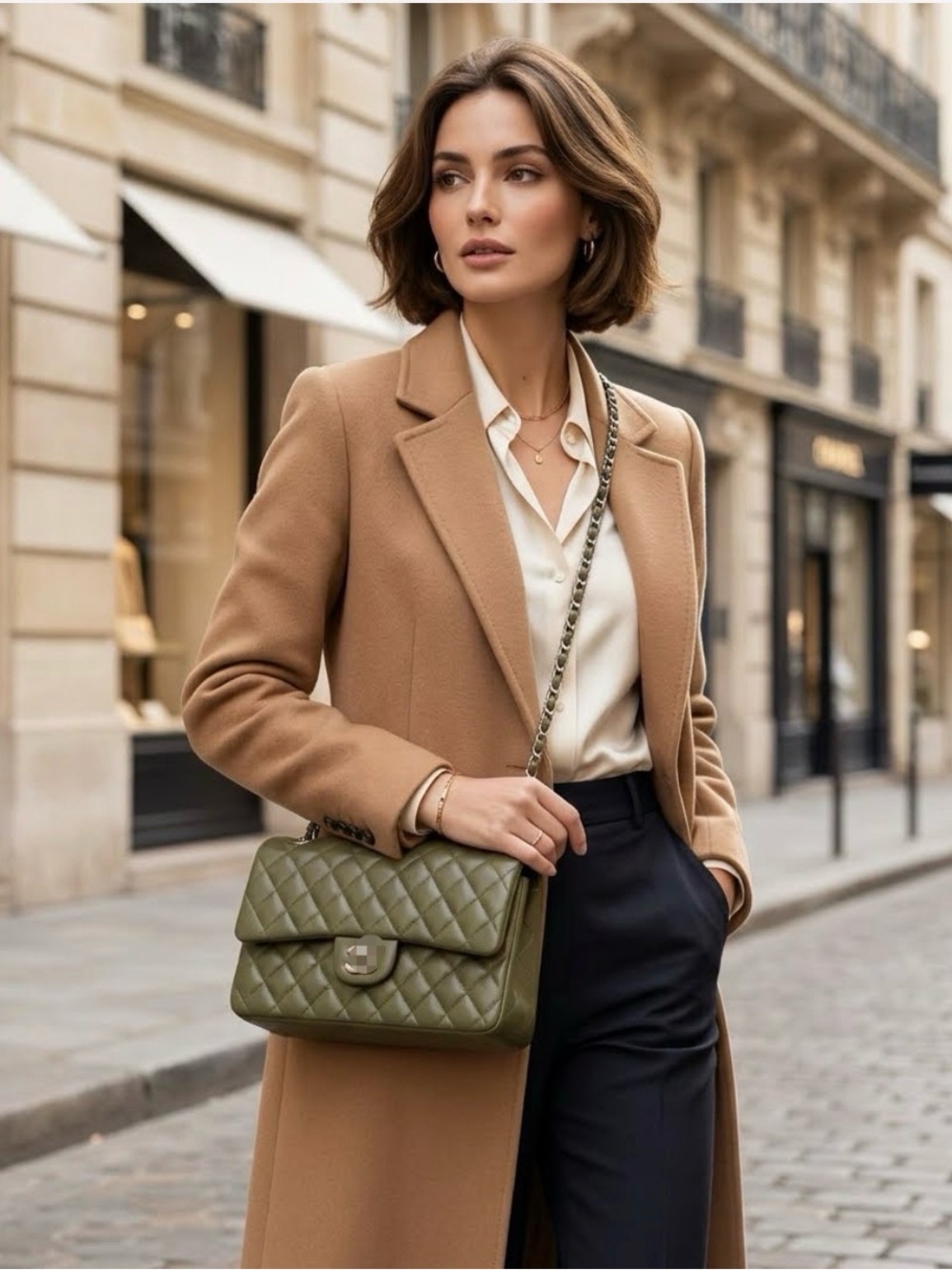 Quilted Olive Shoulder Bag with Top Handle